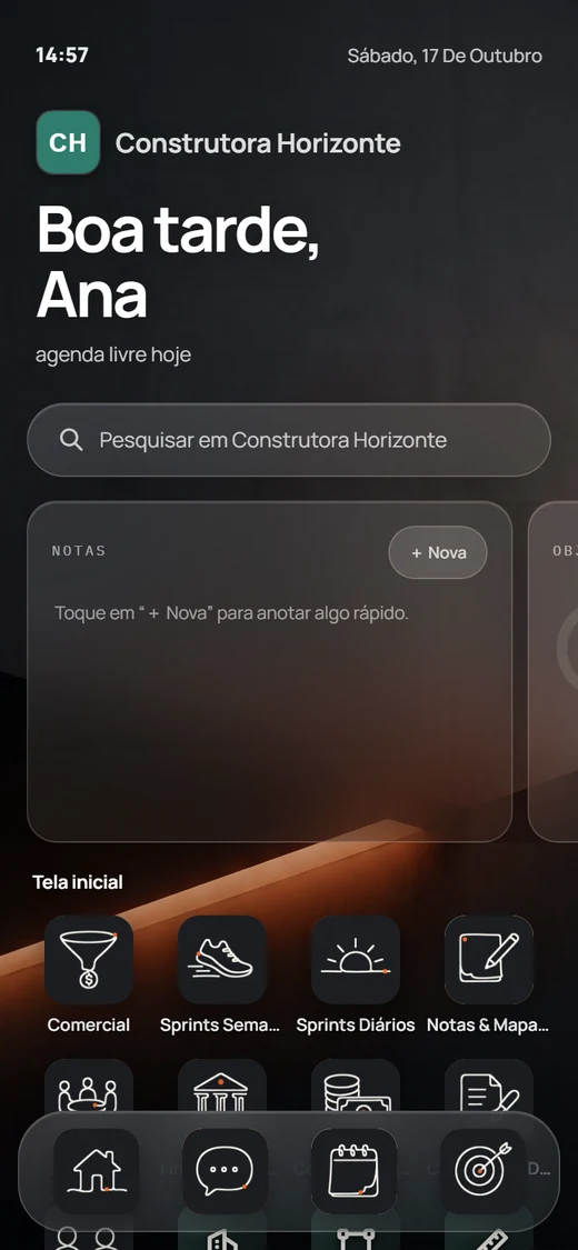 Tela inicial do FTM OS no celular, com a logo da empresa, saudação, busca e ícones dos módulos.