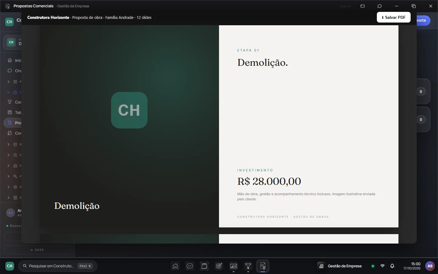 Pré-visualização de proposta comercial em slides com a marca da empresa, etapa Demolição e investimento.