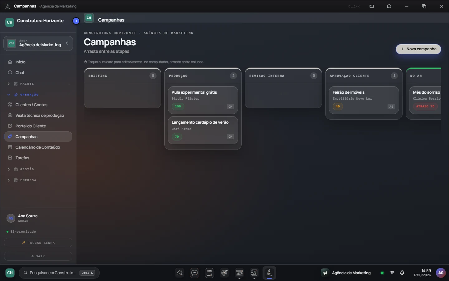 Quadro de campanhas da agência no FTM OS com as etapas briefing, produção, revisão interna, aprovação do cliente e no ar.