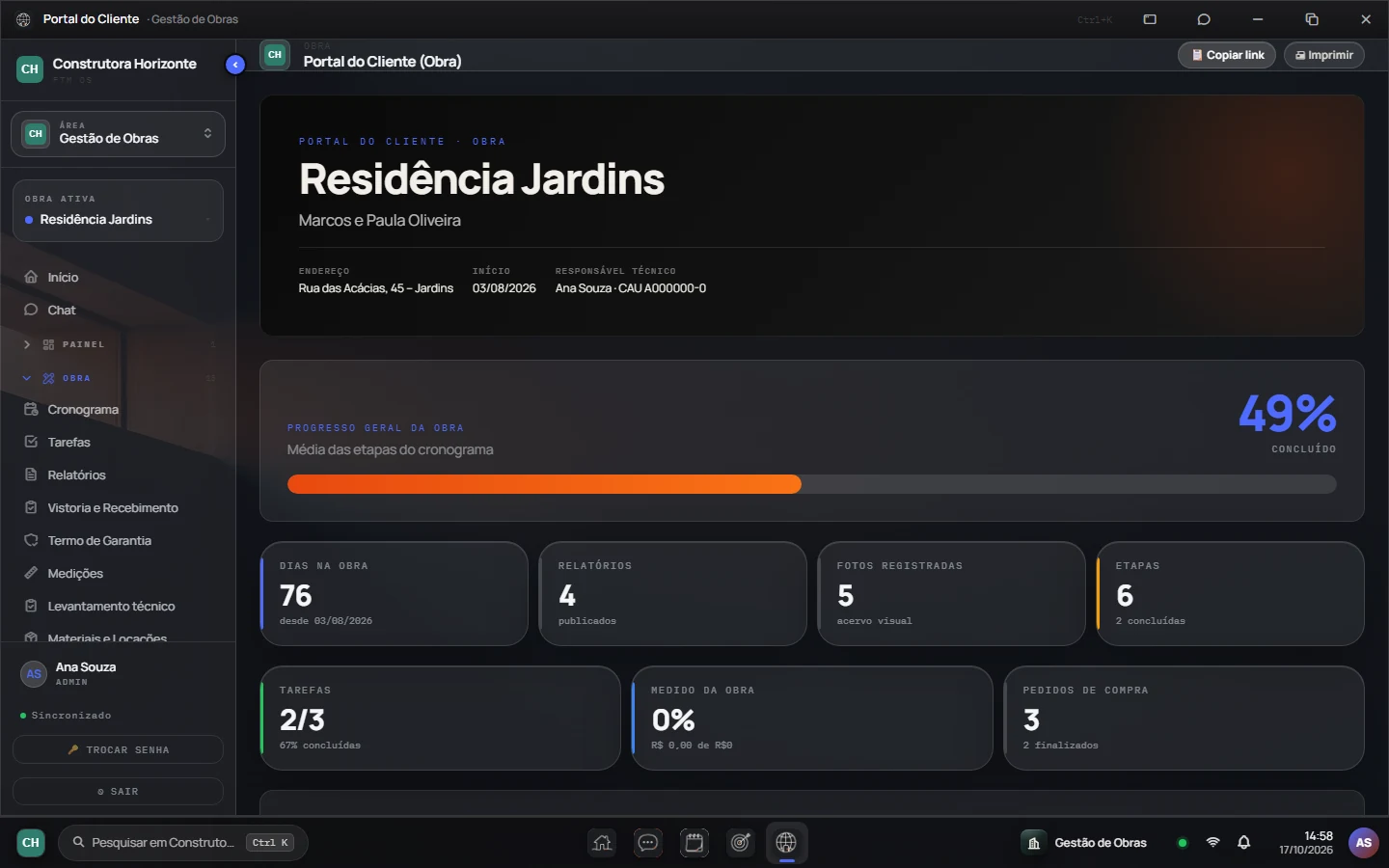 Portal do cliente da obra Residência Jardins com progresso geral de 49%, dias de obra, relatórios, fotos e etapas.