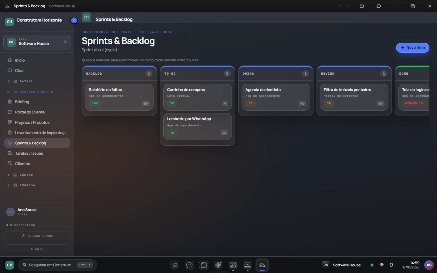 Quadro de Sprints & Backlog no FTM OS com as colunas backlog, to do, doing, review e done.